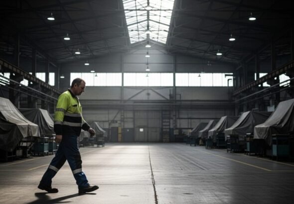 Trabajador en turnos nocturnos en una instalación industrial con trastorno del sueño.