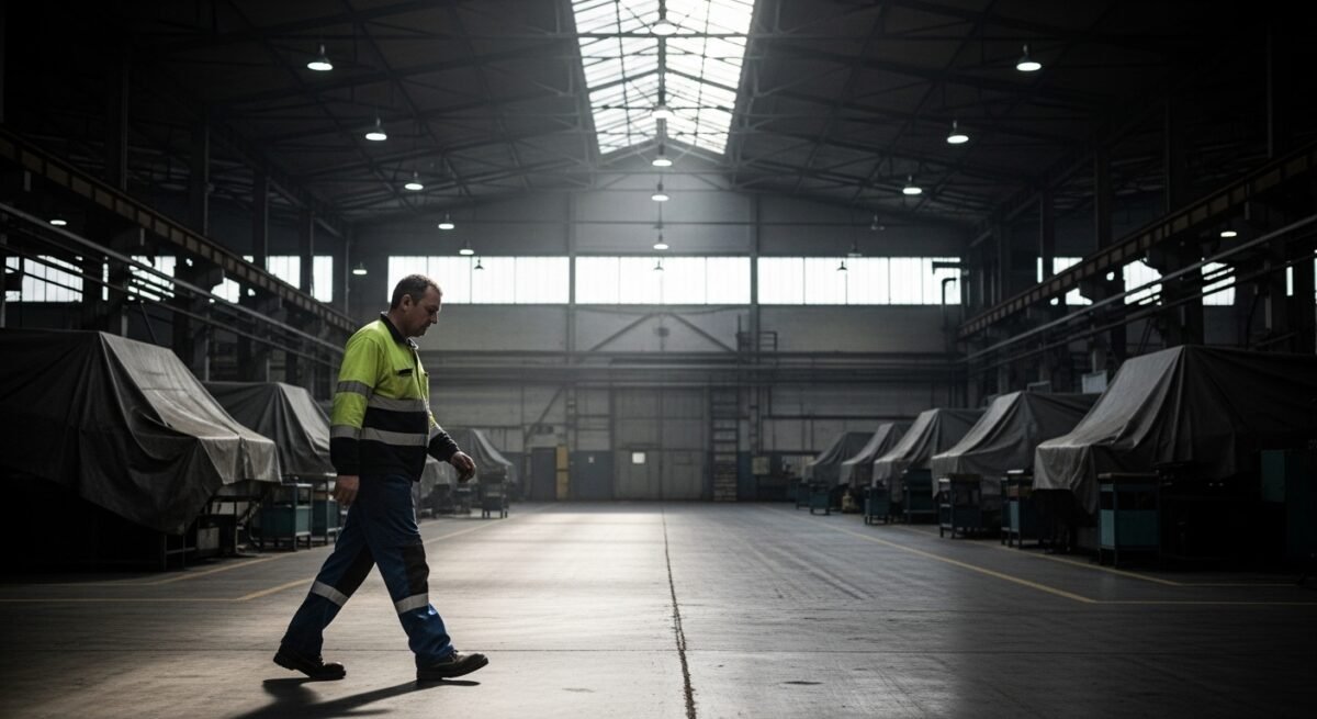 Trabajador en turnos nocturnos en una instalación industrial con trastorno del sueño.