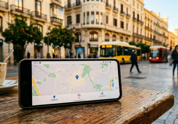 Imagen que muestra una mesa de una terraza de Valencia con un móvil y el mapa abierto de la apr de valencia