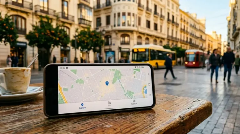 Imagen que muestra una mesa de una terraza de Valencia con un móvil y el mapa abierto de la apr de valencia