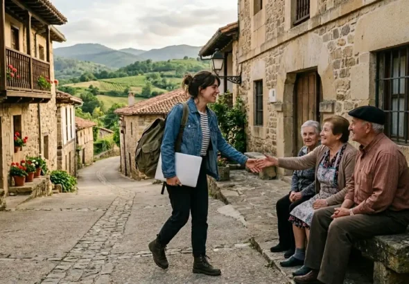 Imagen que muestra a una estudiante que llega a un pueblo rural saludando a las personas mayores que viven en él