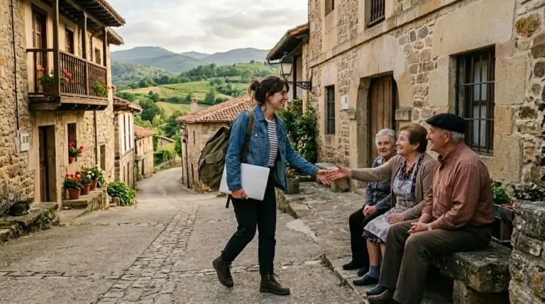 Imagen que muestra a una estudiante que llega a un pueblo rural saludando a las personas mayores que viven en él