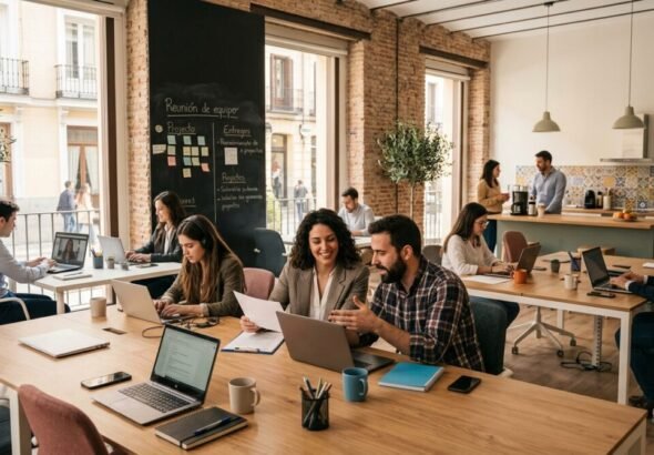 Imagen que muestra a personas trabjando en una oficina moderna de diseño, una de ellas disfrutando del Complemento de apoyo al empleo