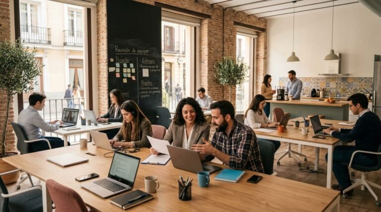 Imagen que muestra a personas trabjando en una oficina moderna de diseño, una de ellas disfrutando del Complemento de apoyo al empleo