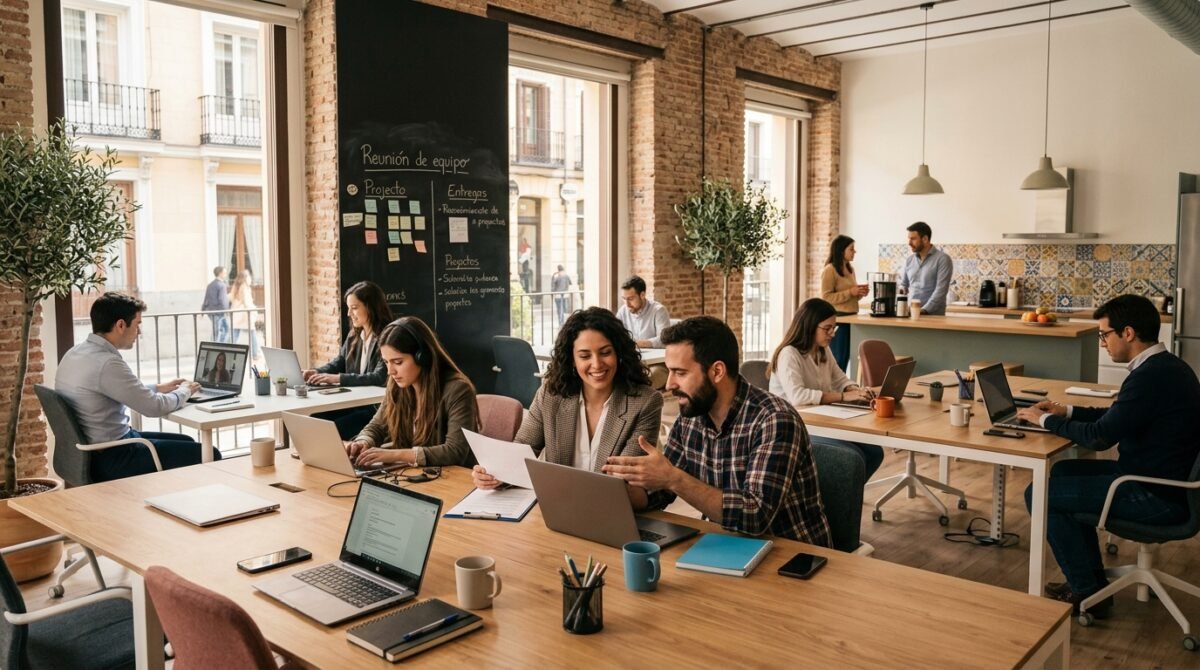 Imagen que muestra a personas trabjando en una oficina moderna de diseño, una de ellas disfrutando del Complemento de apoyo al empleo