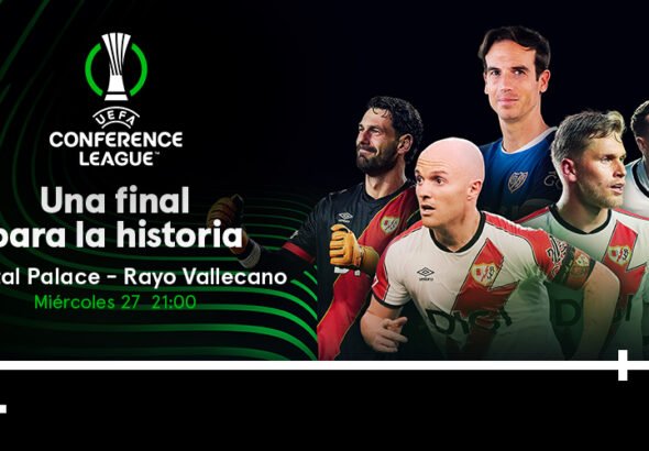 Cartel oficial de Movistar Plus para anunciar la emisión de la Final de la Conference League que juega el Rayo Vallecano
