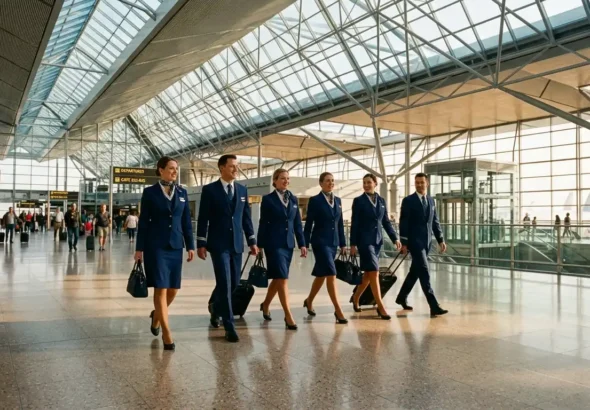 Personas de tripulación de vuelo en el aeropuerto para embarcar bajo el nuevo Convenio Iberia.