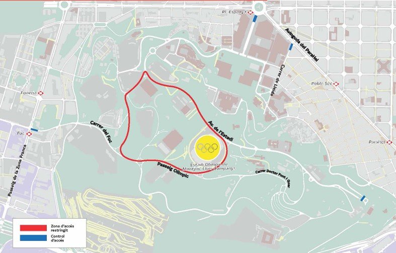 ¿Qué calles cierran por completo en Barcelona durante la visita del Papa León XIV? Imagen que muestra los cortes de tráfico en la zona Montjuïc y el Estadi Olimpic de Barcelona por la visita del Papa León XIV