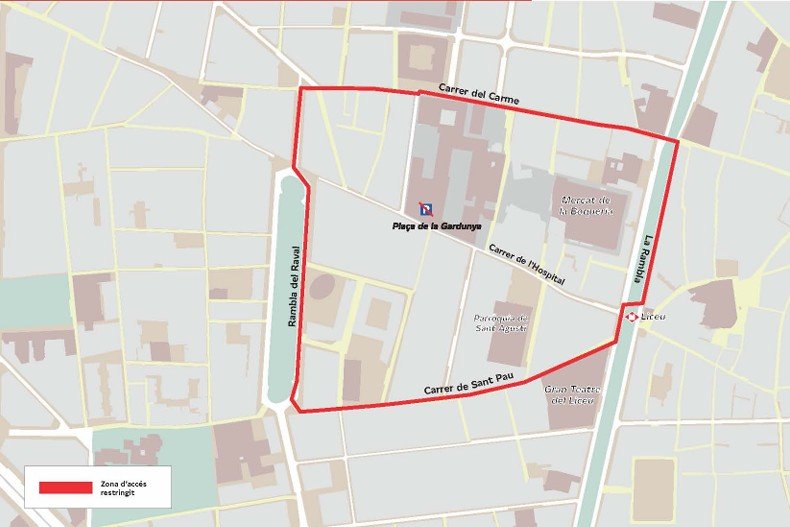 ¿Qué calles cierran por completo en Barcelona durante la visita del Papa León XIV? Imagen que muestra el mapa de cortes de tráfico del Raval y la Plaza de la Gardunya en Barcelona por la visita del Papa León XIV