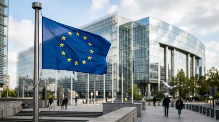Imagen que muestra la bandera de la Unión Europea con un edificio moderno de cristal que ilustra la nueva norma contra las deepfakes sexuales.