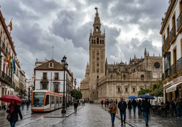 Recreación de una ciudad de españa con los datos del tiempo hoy. Nubes y precipitaciones.