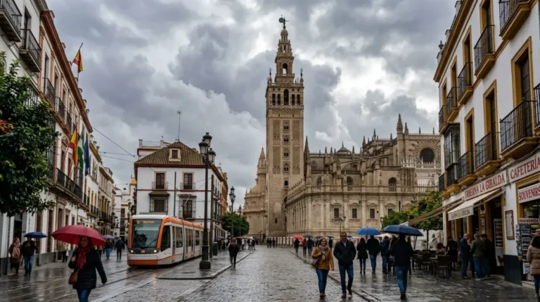 Recreación de una ciudad de españa con los datos del tiempo hoy. Nubes y precipitaciones.