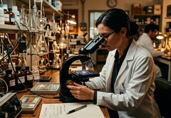 Científico en laboratorio analizando muestras de tejido neuronal bajo luz sobre el descubrimiento de la enfermedad de la ELA.
