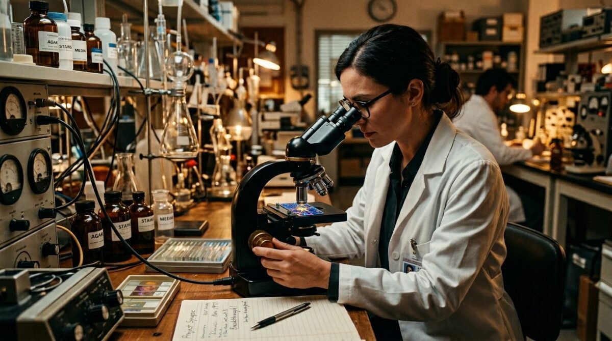 ¿Y si el secreto contra la ELA fuera una 'limpieza' celular fallida? Científico en laboratorio analizando muestras de tejido neuronal bajo luz sobre el descubrimiento de la enfermedad de la ELA.