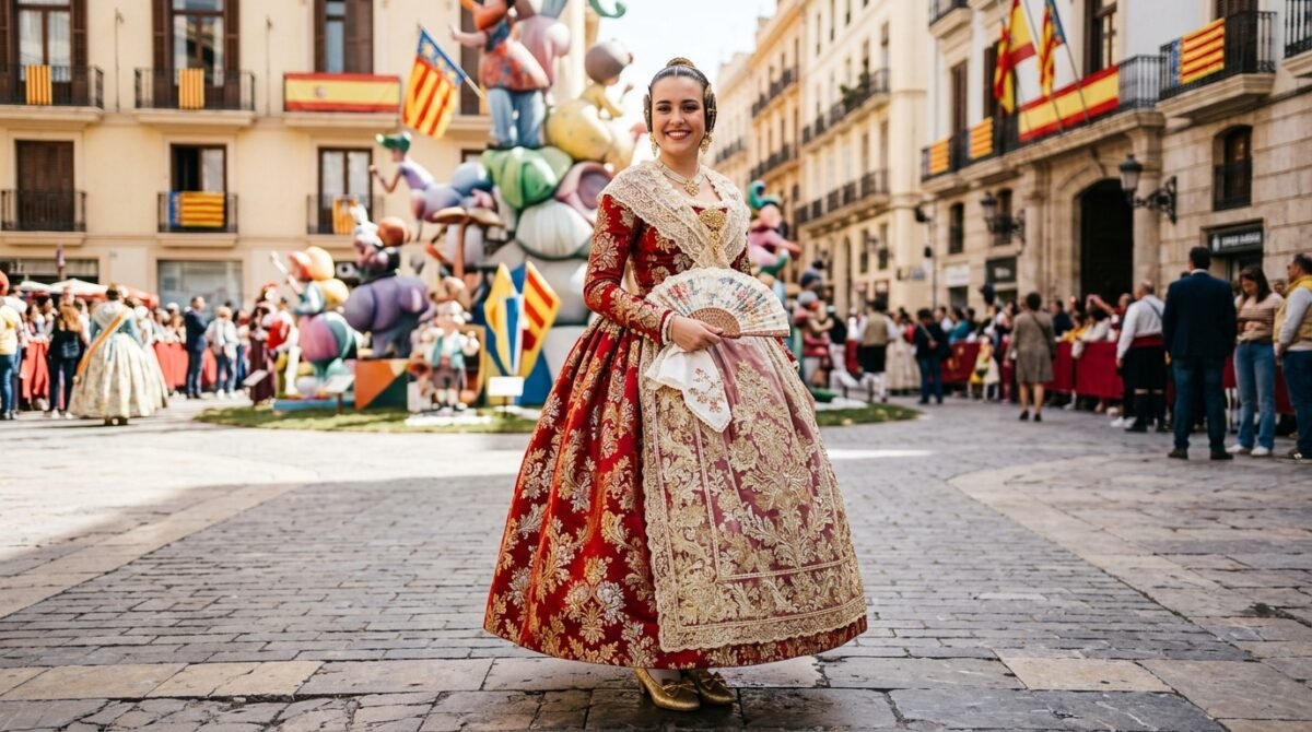 Imagen de una fallera de Valencia después de la creación de espolines por artesanos certificados.