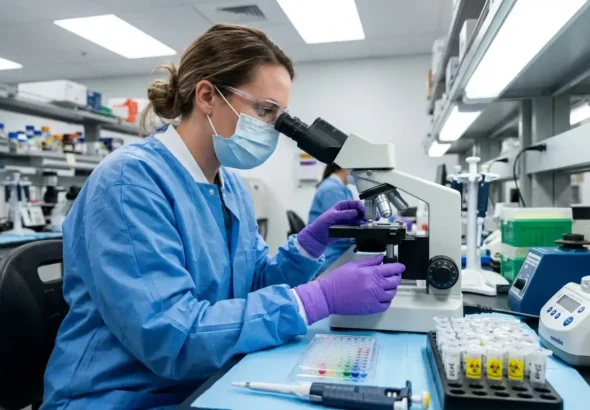 Primer plano de instrumental de laboratorio y científico investigando muestras de Hantavirus en un ambiente clínico. Recreación digital.