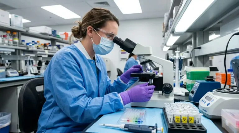 Primer plano de instrumental de laboratorio y científico investigando muestras de Hantavirus en un ambiente clínico. Recreación digital.
