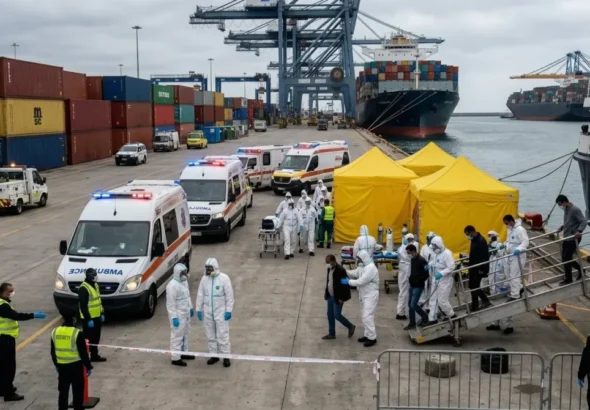 Imagen que muestra a sanitarios con epis tratando a las personas del crucero contagiado con Hantavirus. Recreación digital.