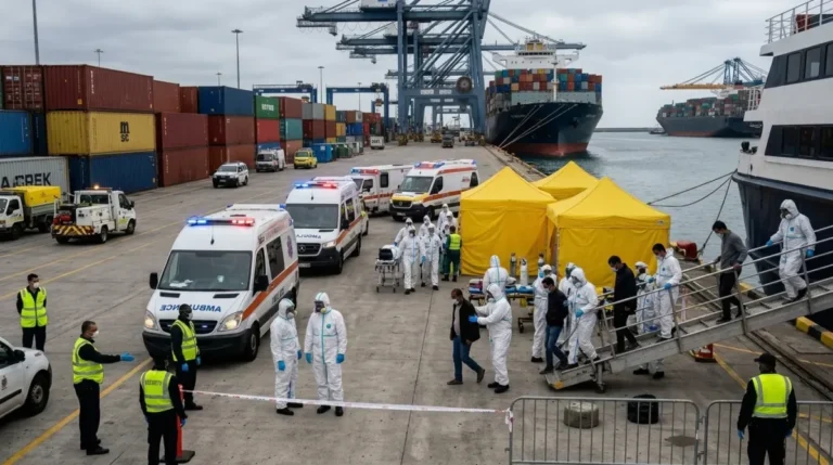 Imagen que muestra a sanitarios con epis tratando a las personas del crucero contagiado con Hantavirus. Recreación digital.