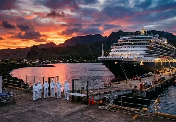 Recreación digital del crucero MV Hondius que transportaba a personas contagiadas con la Hantavirus Andes