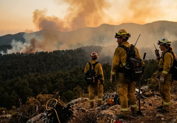 Recreación digital de un grupo de bomberos en una montaña intentando sofocar los incendios forestales