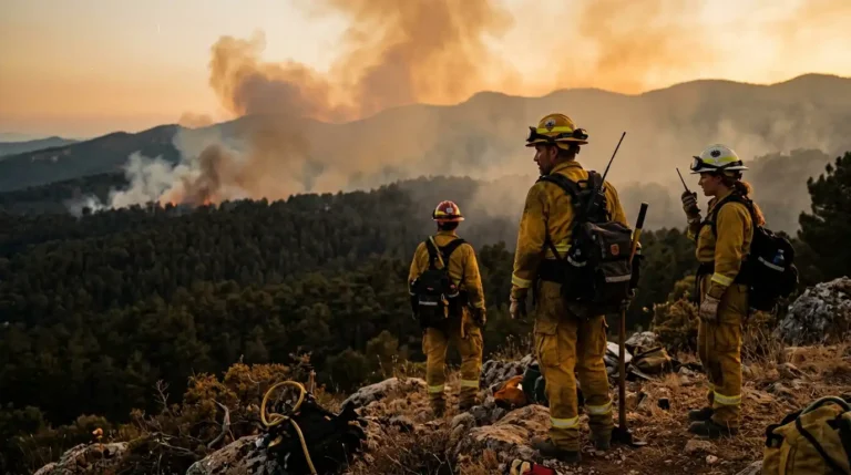 Recreación digital de un grupo de bomberos en una montaña intentando sofocar los incendios forestales