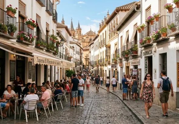 Imagen que muestra una calle de España con personas paseando y sentadas en terrazas de bares, algunas reciben el ingreso mínimo vital
