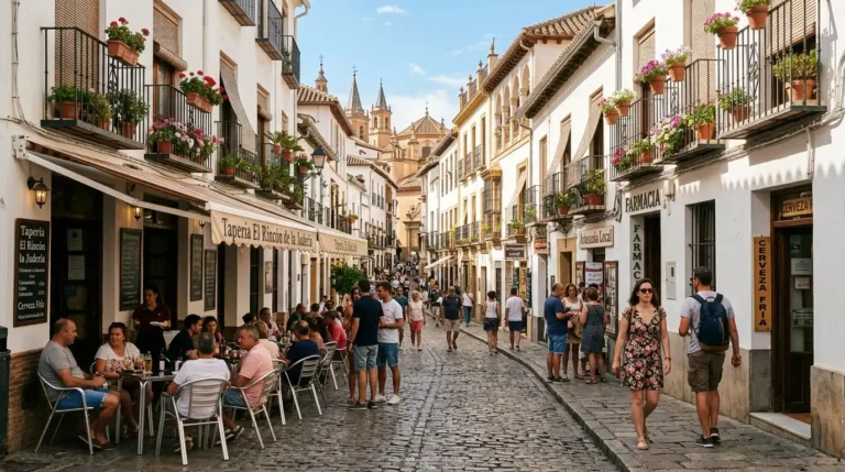 Imagen que muestra una calle de España con personas paseando y sentadas en terrazas de bares, algunas reciben el ingreso mínimo vital