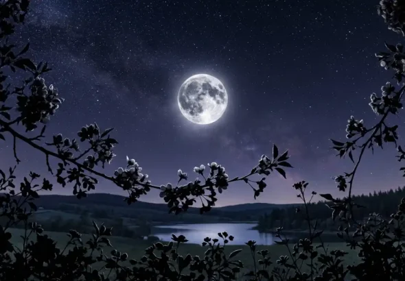 Luna de flores de mayo brillando en un cielo nocturno despejado entre siluetas de flores primaverales.
