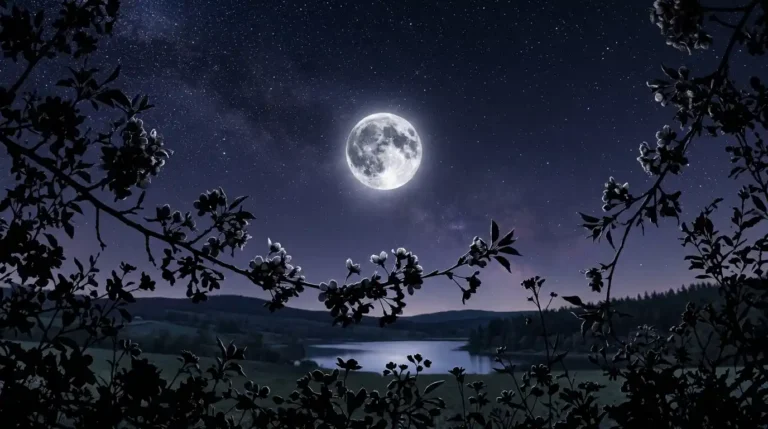 Luna de flores de mayo brillando en un cielo nocturno despejado entre siluetas de flores primaverales.