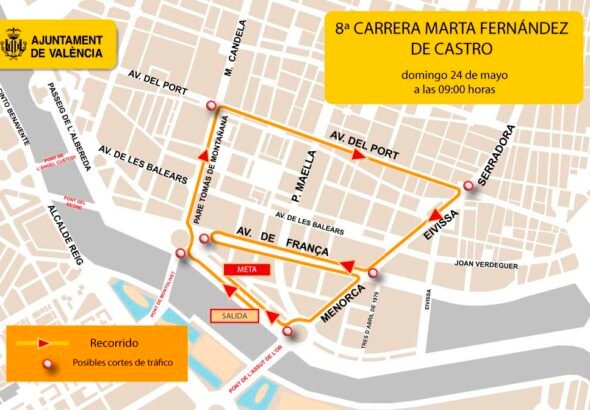 Imagen que muestra el mapa de cortes de tráfico en Valencia por la carrera Marta Fernández Castro