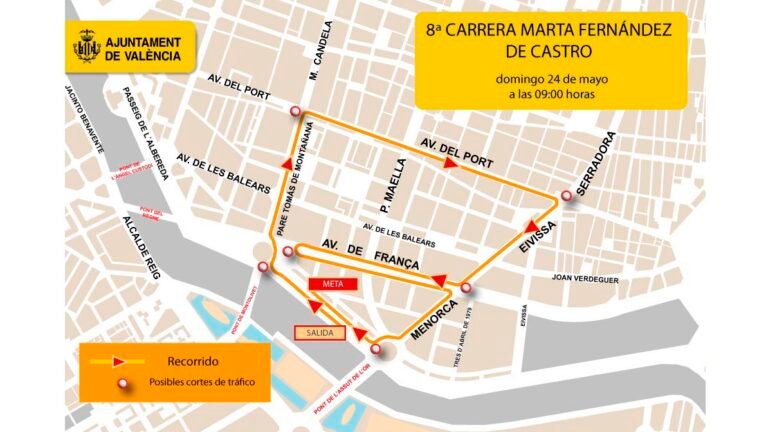 Los cortes de tráfico que bloquean Valencia por la Carrera Marta Fernández de Castro Imagen que muestra el mapa de cortes de tráfico en Valencia por la carrera Marta Fernández Castro