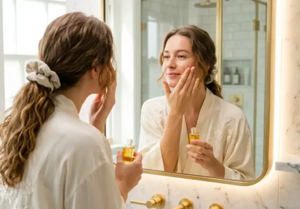 Una chica aplicándose frente al espejo del baño el nuevo sérum de vitamina C de Mercadona