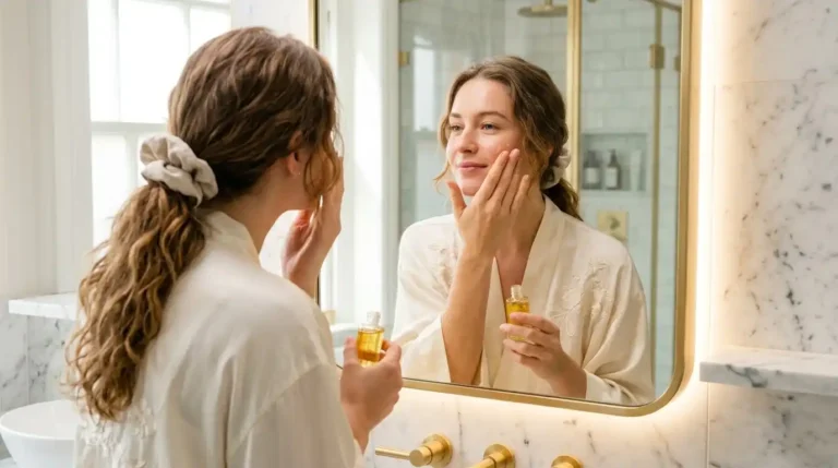 Una chica aplicándose frente al espejo del baño el nuevo sérum de vitamina C de Mercadona