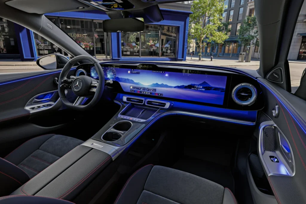 Nuevo Mercedes-Benz Clase C eléctrico: hasta 762 kilómetros de autonomía y tecnología de 800 voltios Imagen del salpicadero asiento conductor y acompañante del nuevo Mercedes-Benz Clase C eléctrico 2026