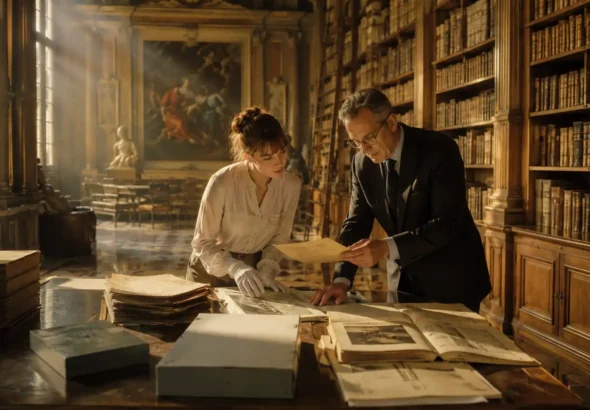 Imagen que muestra a dos colaboradores de Wikipedia en uno de los archivos de un museo estatal.