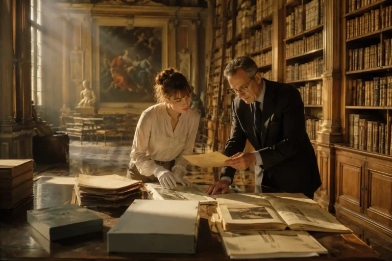Imagen que muestra a dos colaboradores de Wikipedia en uno de los archivos de un museo estatal.