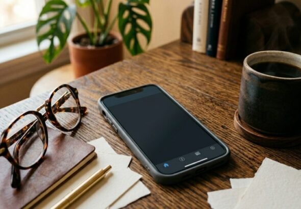 Imagen que muestra una mesa con el móvil , papeles, gafas, una libreta y un café, esperando la llamada para hacer la Renta 2025