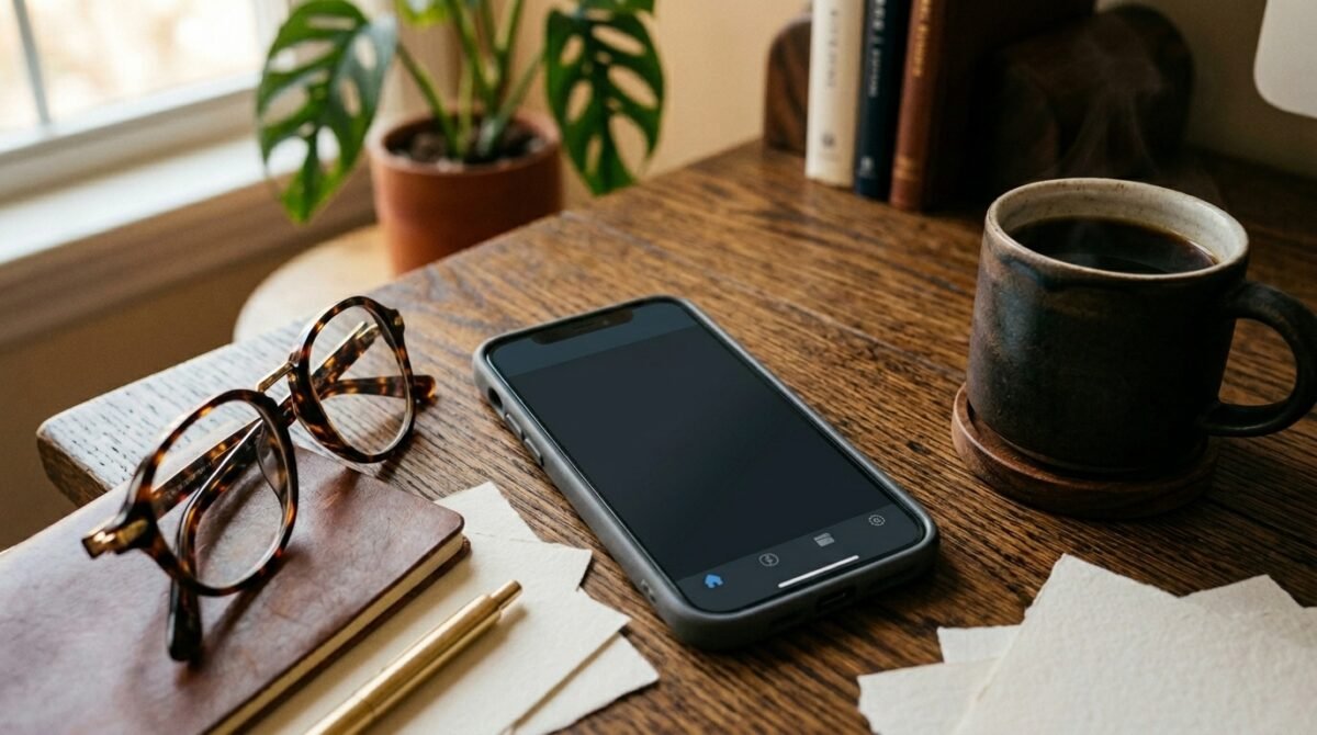 Imagen que muestra una mesa con el móvil , papeles, gafas, una libreta y un café, esperando la llamada para hacer la Renta 2025