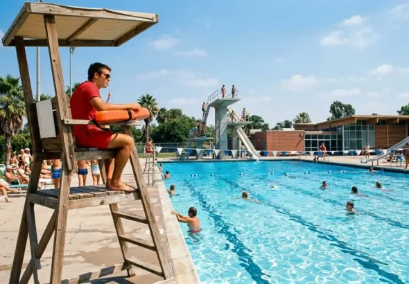 Imagen que muestra a un socorrista vigilando una piscina en 2026 con las nuevas tablas salariales del convenio.
