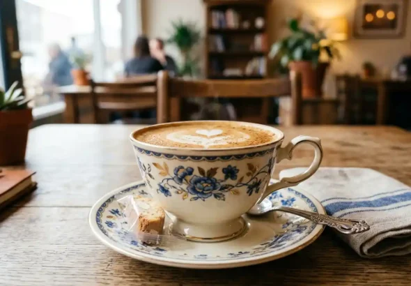 Imagen de un café servido en una taza bonita con decoraciones sobre un plato y una cucharilla. La taza está sobre una mesa de madera.