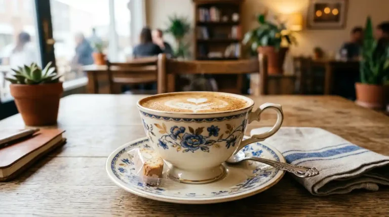 Imagen de un café servido en una taza bonita con decoraciones sobre un plato y una cucharilla. La taza está sobre una mesa de madera.