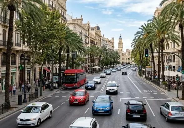 Recreación digital del tráfico en Valencia 2026, con una caída de 6000 vehículos diarios en abril.