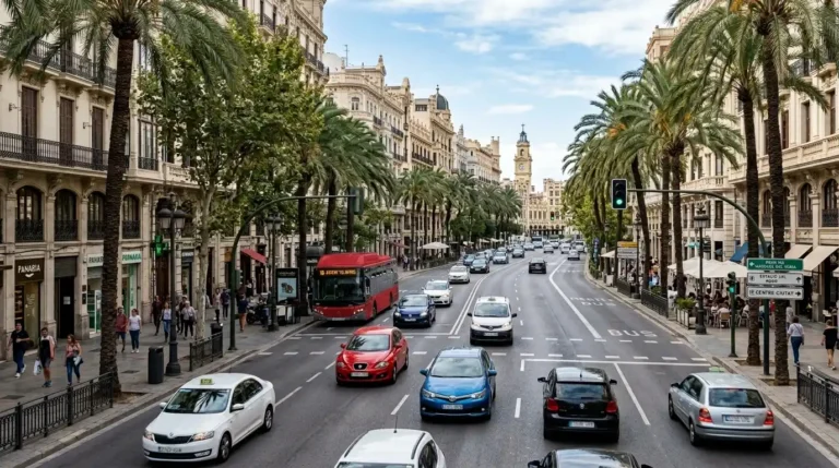 Recreación digital del tráfico en Valencia 2026, con una caída de 6000 vehículos diarios en abril.