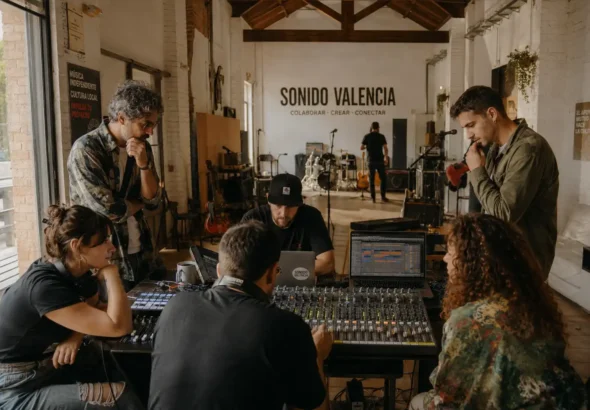 Imagen que muestra a unos músicos en su estudio creando una canción con el programa Valencia Music City de ayudas 2026