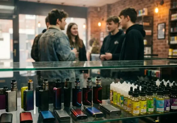 Imagen que muestra a unos jóvenes en una tienda de Valencia bajo la campaña contra el tabaquismo