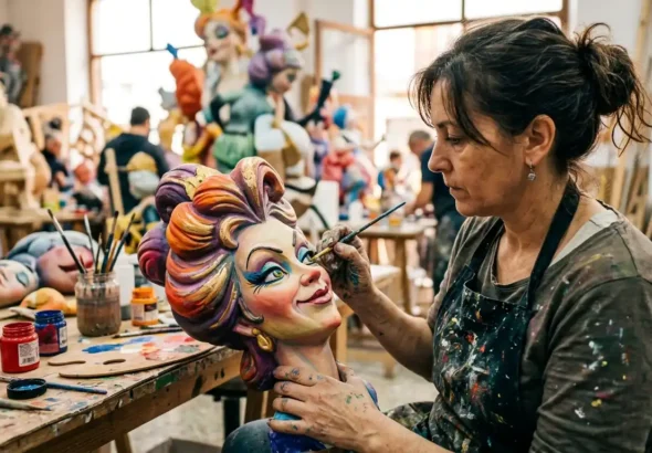 Imagen que ilustra a los artistas falleros en el taller pintando ninots.