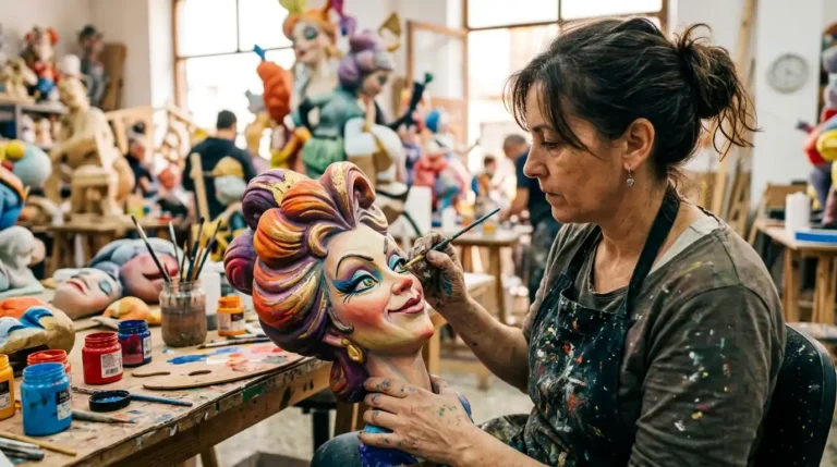 Imagen que ilustra a los artistas falleros en el taller pintando ninots.