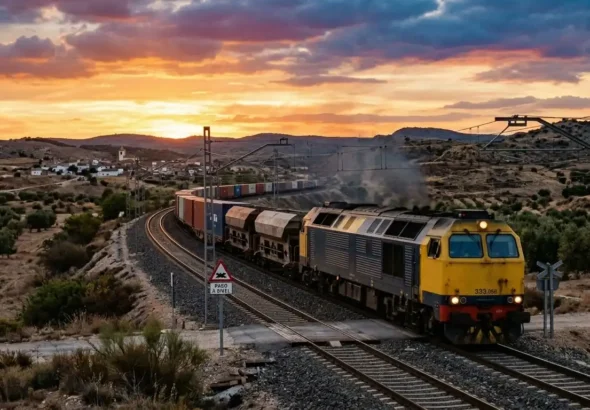 Locomotora de tracción diésel circulando por una vía ferroviaria durante el atardecer con las ayudas al transporte.