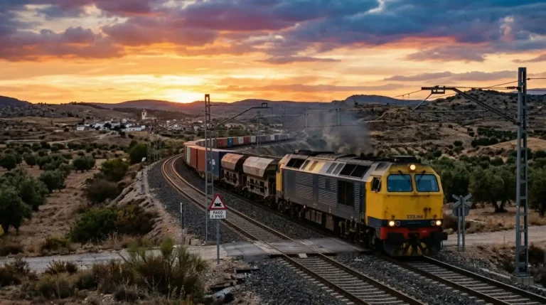 Locomotora de tracción diésel circulando por una vía ferroviaria durante el atardecer con las ayudas al transporte.